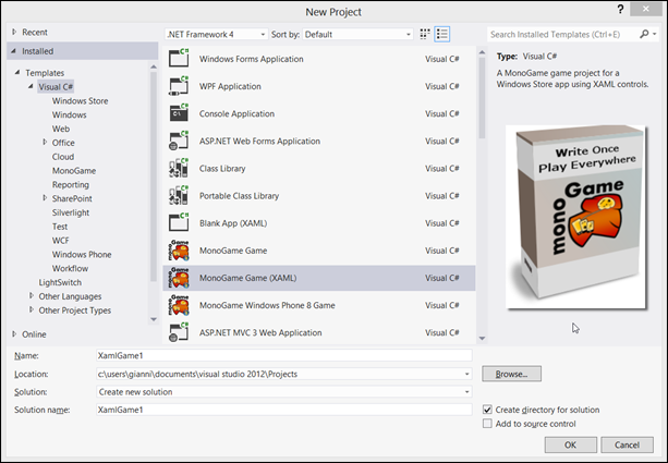 Figure 1 - Visual Studio 2012 with MonoGame templates