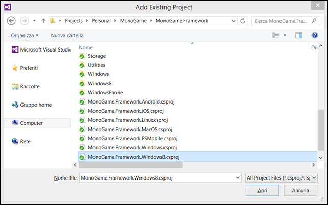 Figure 3 - Add MonoGame.Framework.Windows8 project to Solution