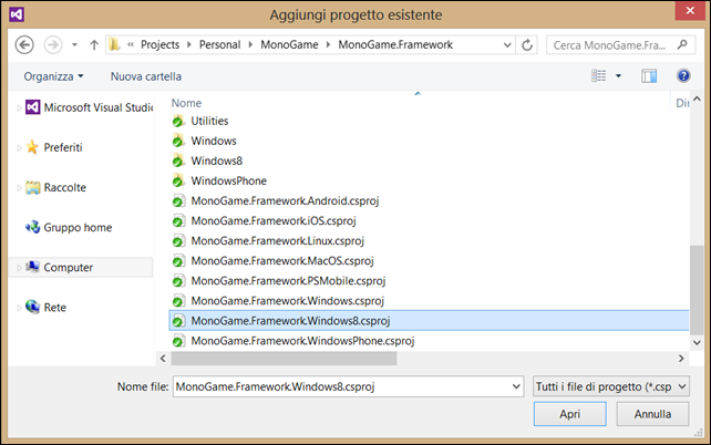 Figura 3 - Aggiungete il progetto MonoGame.Framework.Windows8 alla Soluzione