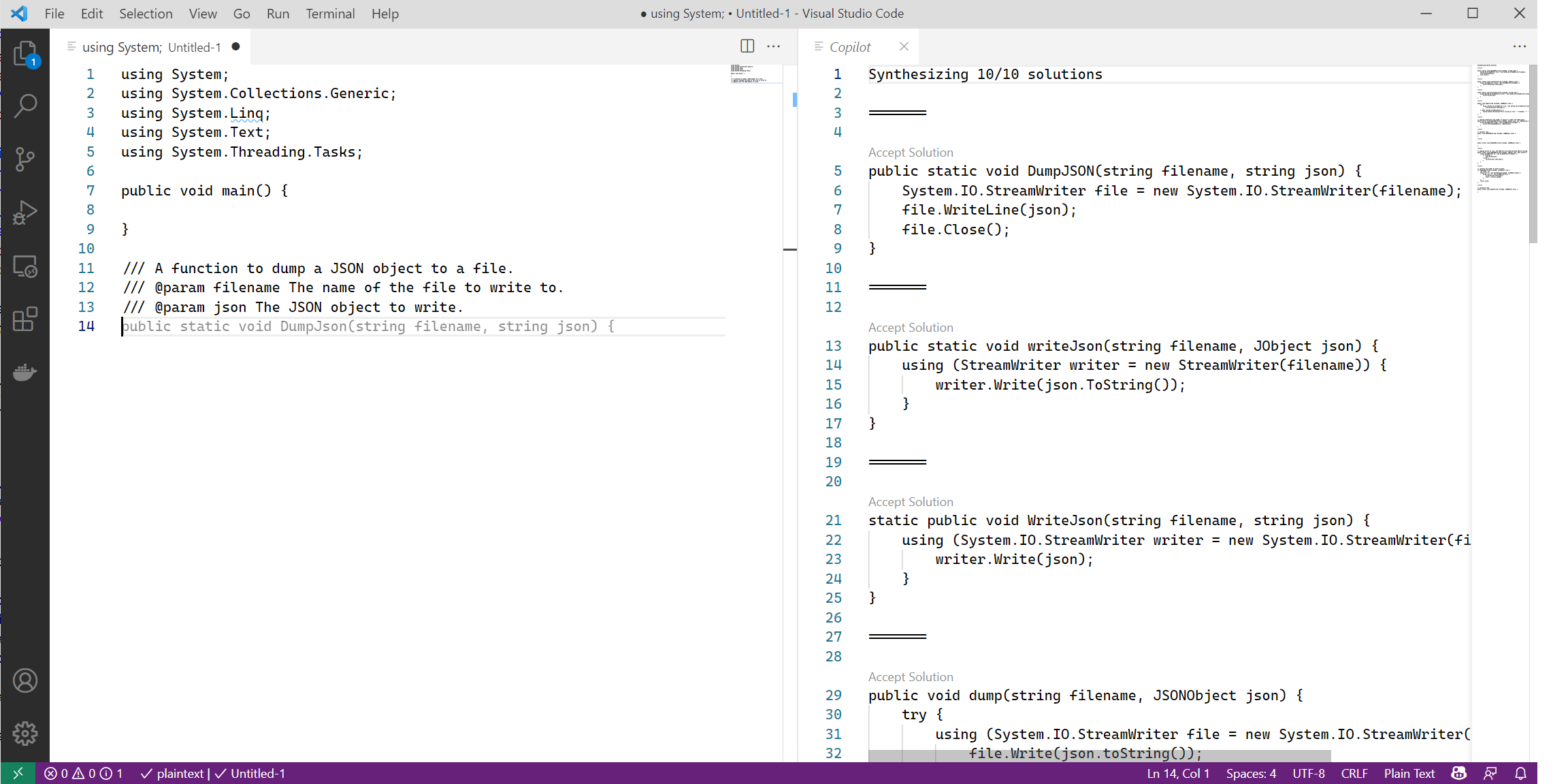 GitHub Copilot Screenshot - Generazione codice C# in VSCode